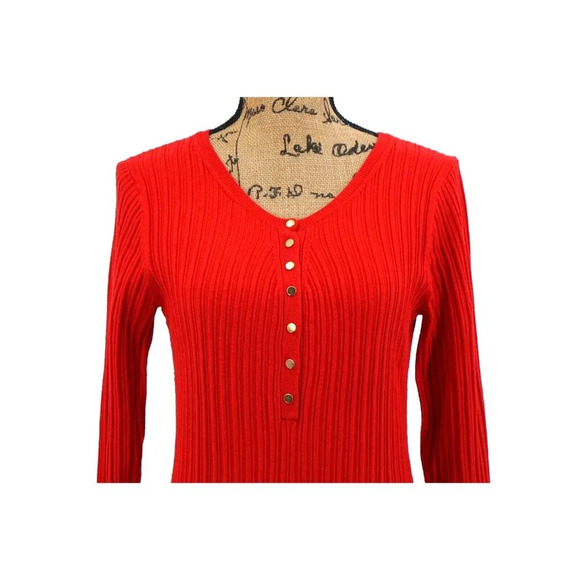 Chico's Henley Top Women 1 Medium M Knit Orange‎ Red Ribbed Gold Snap Buttons - Picture 3 of 7